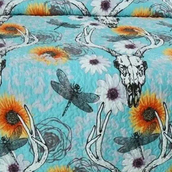 NEW! Southwestern Sunflowers and Skulls Printed KING Quilt Set Dragonfly Mojave - Picture 2 of 2
